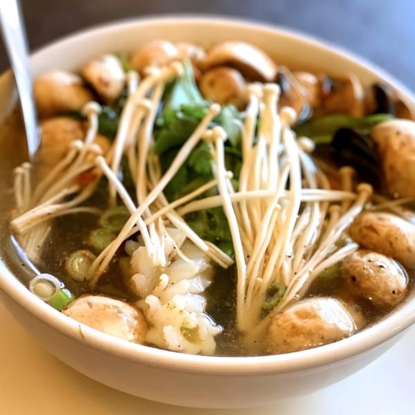Close-up of a bowl of My Thai soup with mushrooms, enoki, cilantro, and scallions.