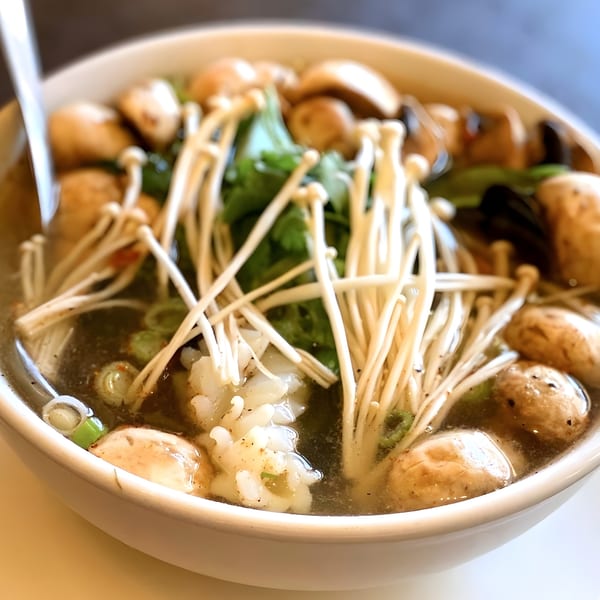 Close-up of a Thai soup with enoki mushrooms, button mushrooms, and green herbs in a white bowl.